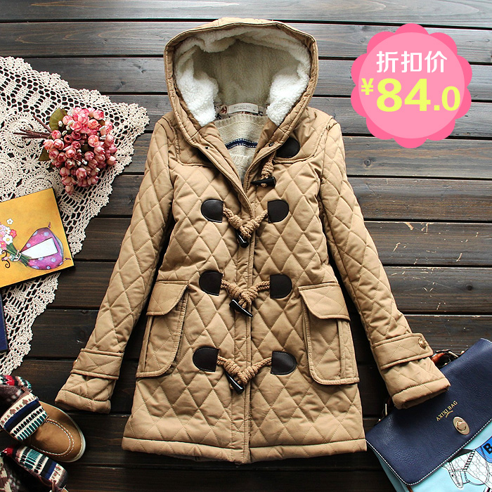 2091 autumn and winter women 2012 preppy style bear horn button hooded medium-long wadded jacket cotton-padded jacket