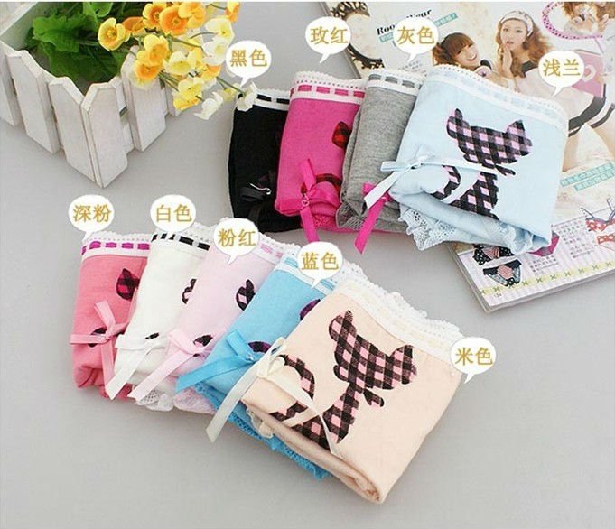 20pcs/pc wholesale Lovely cat design lace trimmed cotton women's panties,women briefs, lady underwear with bowknot,FREE SHIPPING