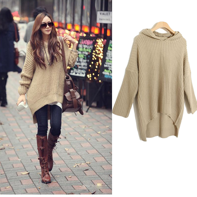 2133 fashion autumn and winter solid color sweep irregular loose with a hood sweater shirt sweater dress outerwear MY