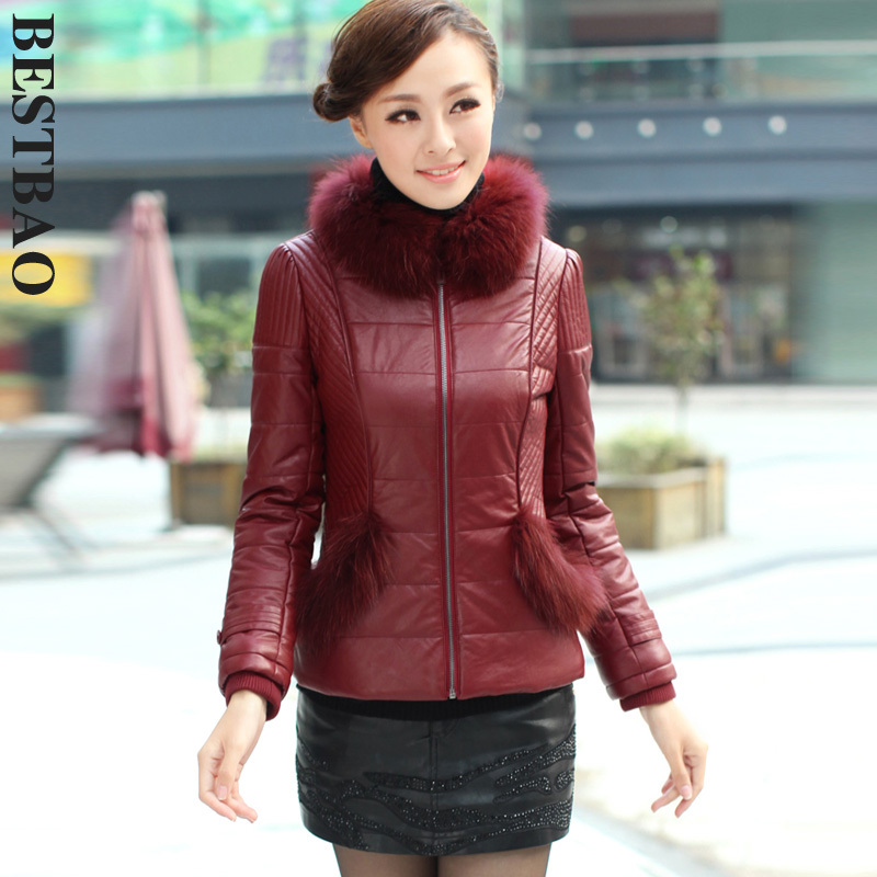 2151 brief fashion leather wadded jacket luxurious fur collar rib knitting cuff bestbao female Absolutely authentic