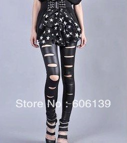 2284  High quality light skin hole base pants positive hole tear imitation leather pants free shipping