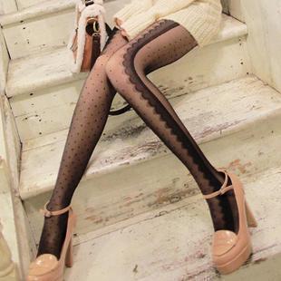 2456 sidepiece autumn and winter the waves lace decoration dot polka dot stockings meat pantyhose free shipping