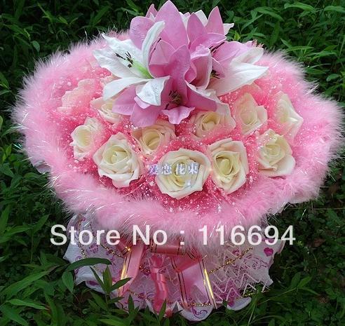 25 Rose Lily simulation bouquet creative gifts dried flowers wedding supplies christmas gifts cartoon bouquet ZA633