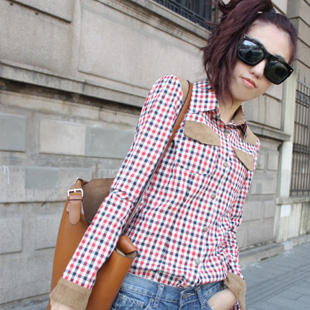 2622 2013 spring suede fabric patchwork plaid shirt