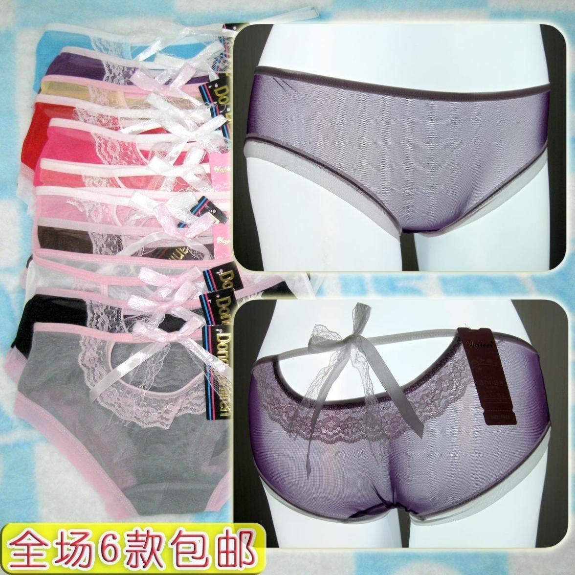 27 # sexy translucent gauze hollow out behind the ladies briefs bowknot adornment
