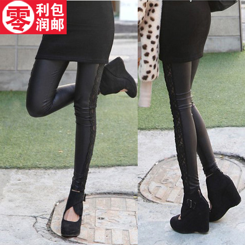2781 elastic female faux leather lace legging lace patchwork ankle length trousers