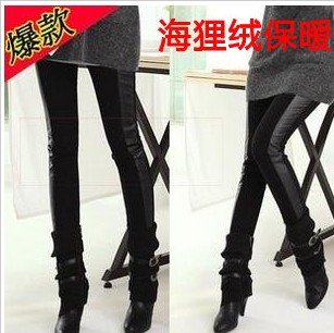 2789 Europe and the United States splicing flix warm cotton + side imitation leather splicing leggings10 pcs/freeshipping