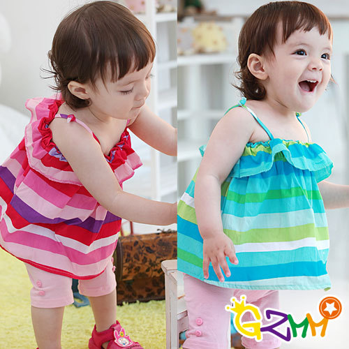 2802 child skirt summer 100% cotton spaghetti strap top beach top multicolour stripe spaghetti strap vest