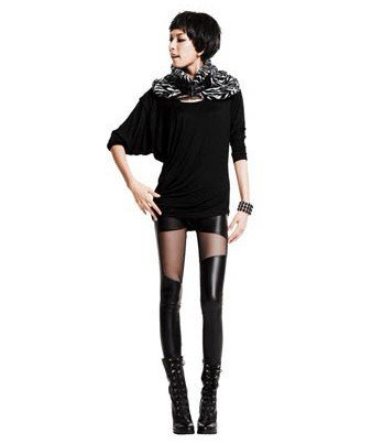 2865 women's sexy transparent gauze faux leather pants black colorant match legging ankle length trousers