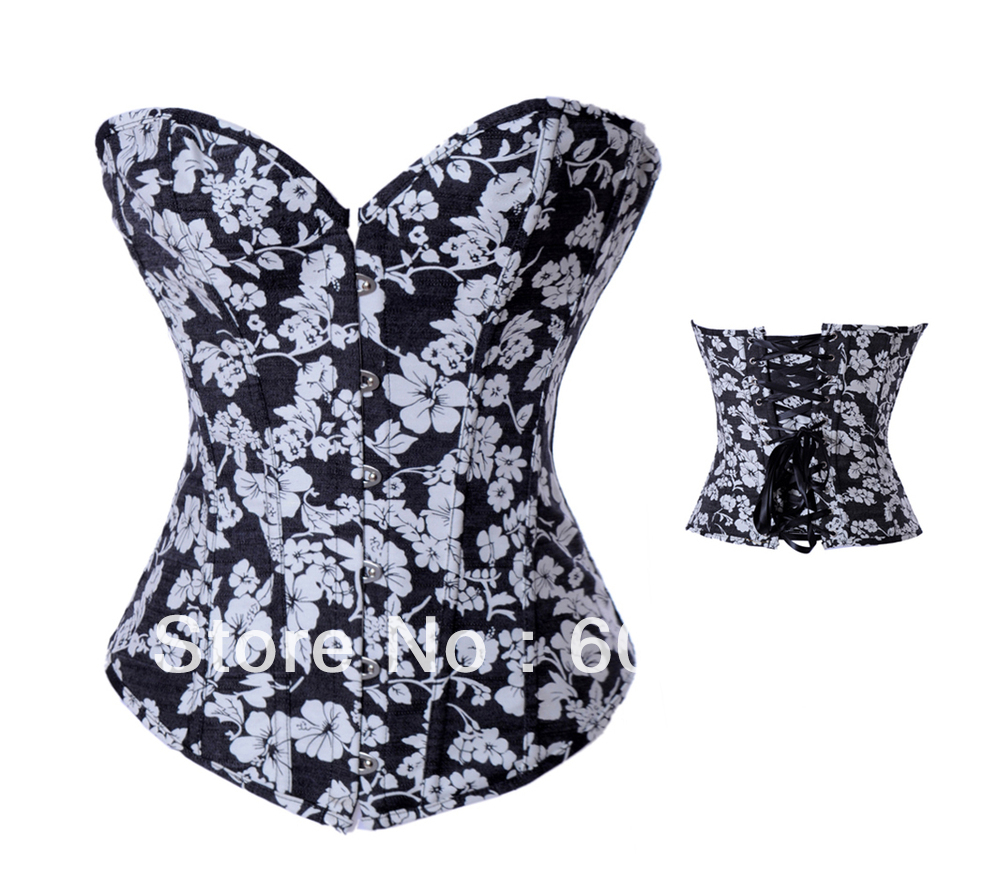 2888 Black with white flower jeans corset busiter lace up boned steel busk front factory supplier S-2XL