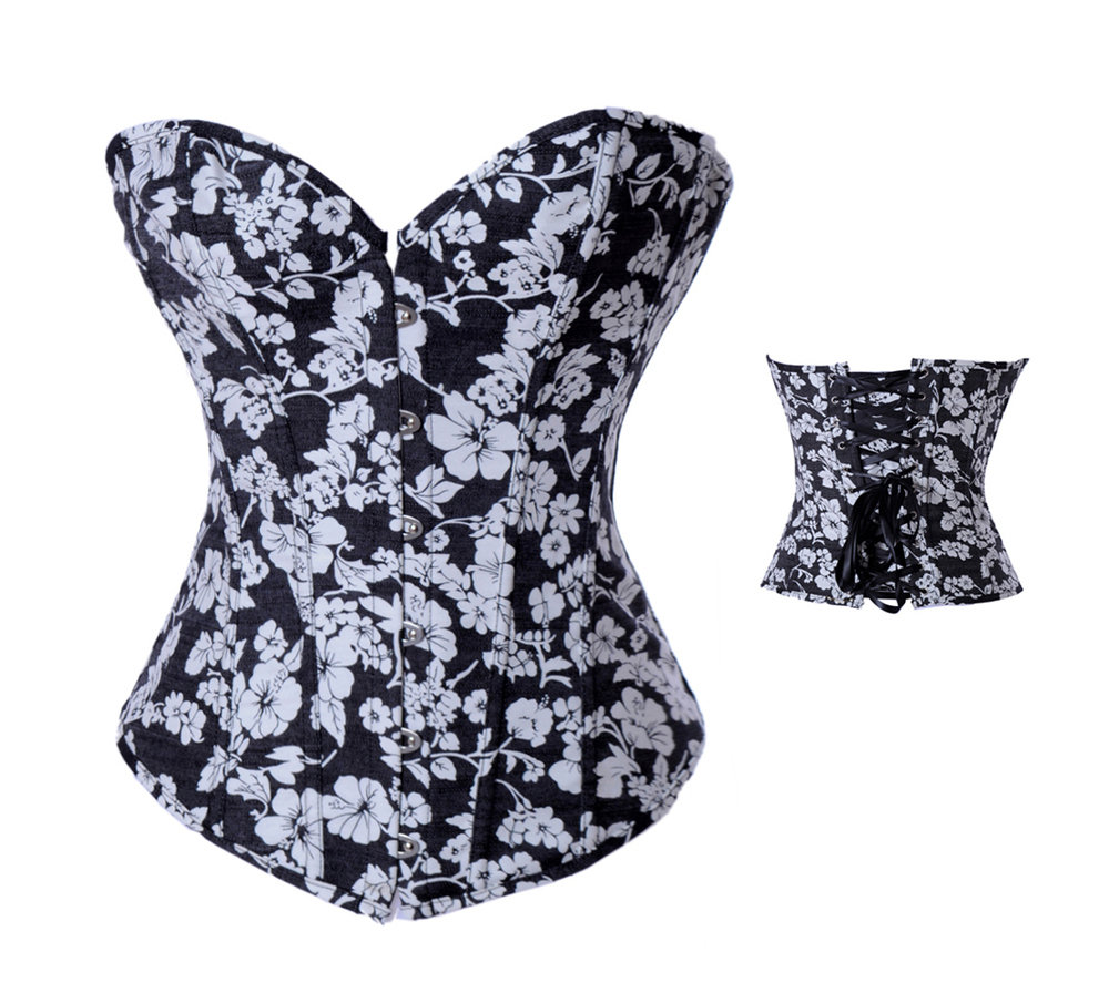 2888 Black with white flower jeans corset busiter lace up boned steel busk front factory supplier S-2XL