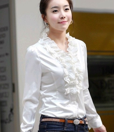 2Colors Korea T-Shirts Women Ladies Bowtie Formal OL shirt Long Sleeve Vintage ShirtsTops Chiffon Blouses