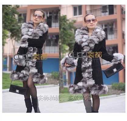 2Colors Pig Leather  with Fox Fur Collar Long Coat/Winter Women's Clothing/Hot Sale/WholeSale/Free Shipping QD10148   A G