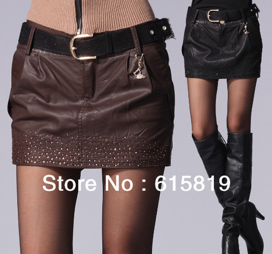 2colors--Stars' popular fashion Style pu leather short slim bud skirt, elegant lady's sexy mini skirt with beauty rhinestone