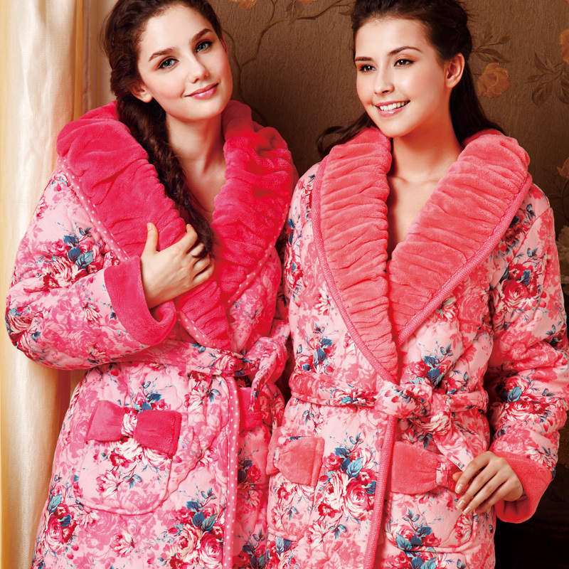 2g 2013 spring  thick wool women's lounge robe cotton-padded noble elegant print long-sleeve sleepwear