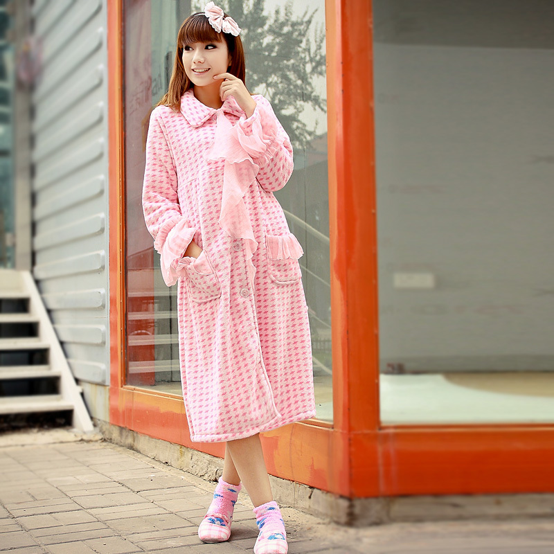 2g women's Winter sweet  houndstooth  coral fleece robe bathrobes home