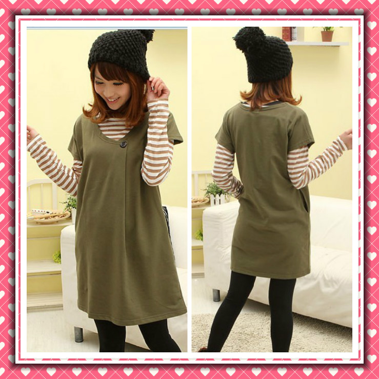 2in1 T-shirt+dressFashion autumn maternity clothing stripe basic shirt green vest skirt twinset