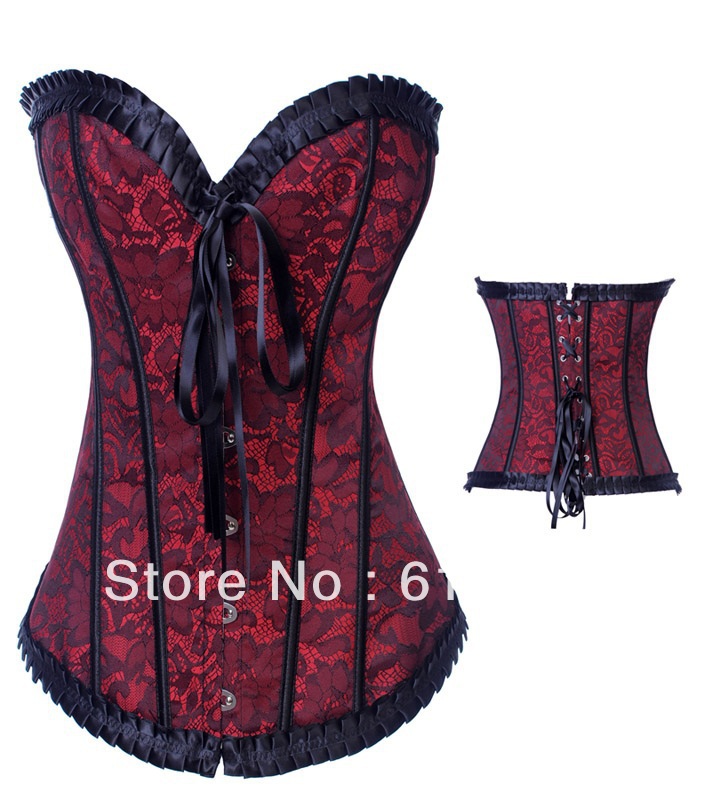2PC Red Embroidered Floral Sexy Corset With Trimmed Ruffles Size S M L XL XXL