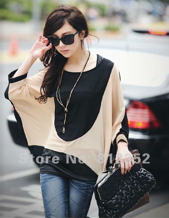 2pcs 2012 New Fashion Splice Long Sleeve Stripe Loose Chiffon Batwing T Shirts Blouses Women Tops Vest Tees