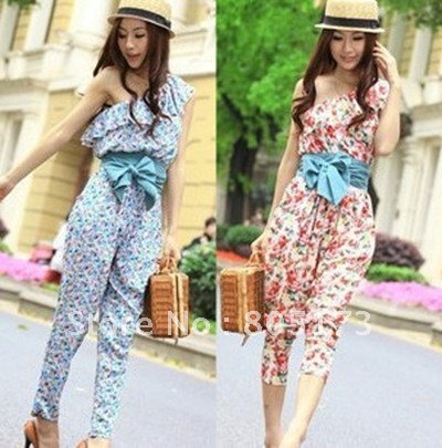 2PCS FREE SHIPPING women rose floral jumpersuit off shoulder romper tube overall hot sale mix order  /D-96-335