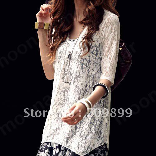 2pcs Half Sleeve Women Chiffon Floral  Mini Dress Lace Tunic Tops Casual E0711