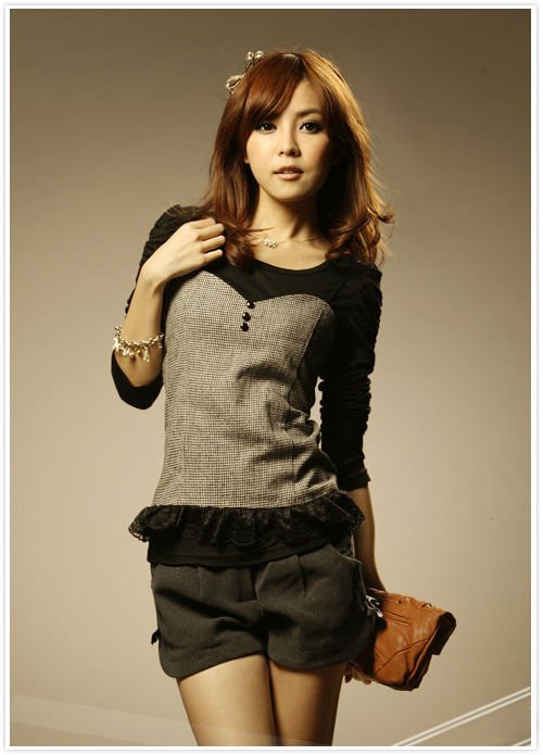 2PCS HOUNDSTOOTH VEST/CREW NECK LONG SLEEVE T-SHIRT 2216