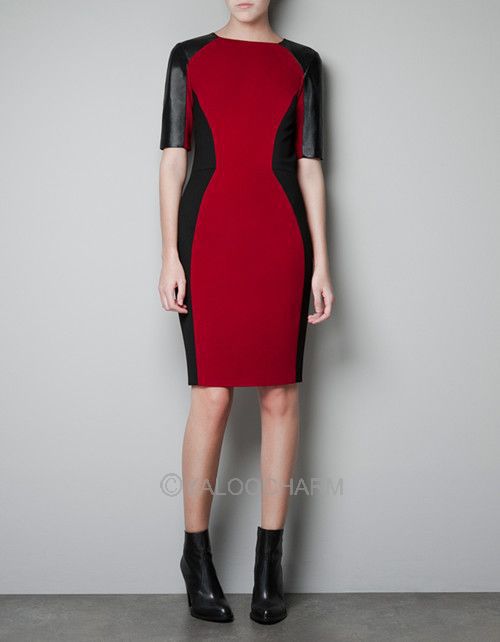 2pcs International brand same style Splicing unique leather patchwork half sleeve red dress 70093 -70095