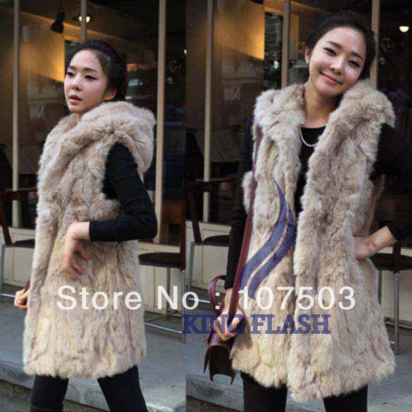 2PCS/LOT 2012 autumn winter women fashion imitation rabbit fur with a hooded fur vest coat long vest Black/Apricot 7668