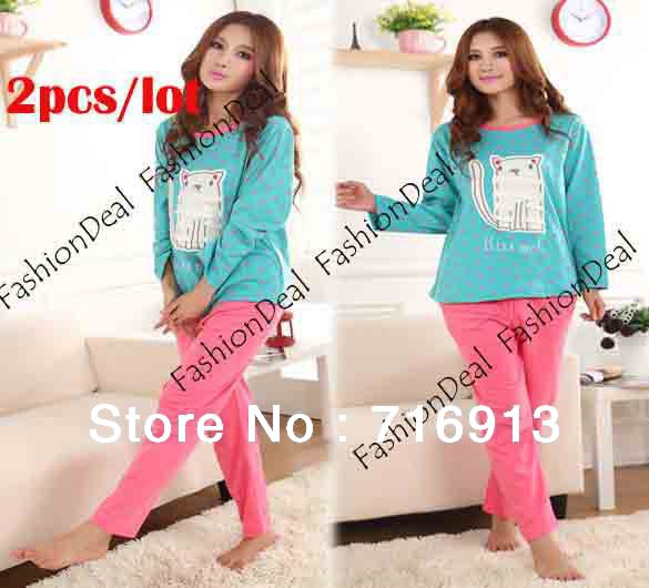 2pcs/lot 2013 Fashion New Women's Pajamas Winter Long Sleeve Cartoon Cat Pattern Cotton Underwear Sleepwear Free Shipping9282