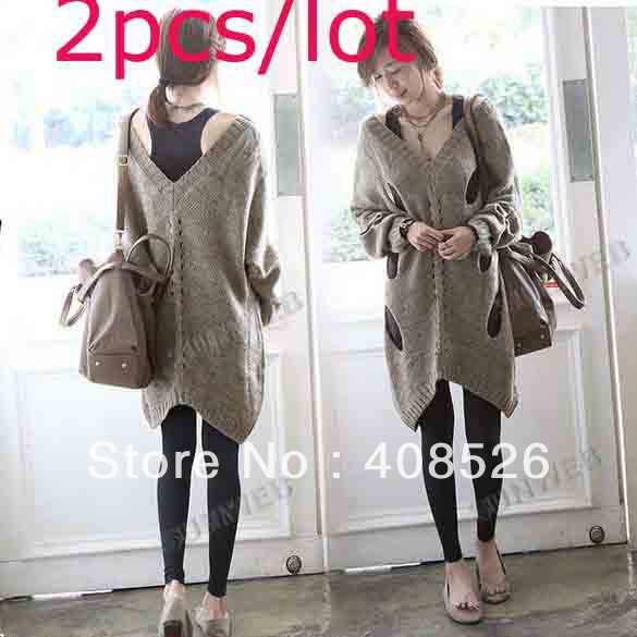 2pcs/lot 2013 Grey Cotton long V-neck Irregular lap Loose Hollow Out Batwing Sweaters Knitted Shirts Smock free shipping 8774