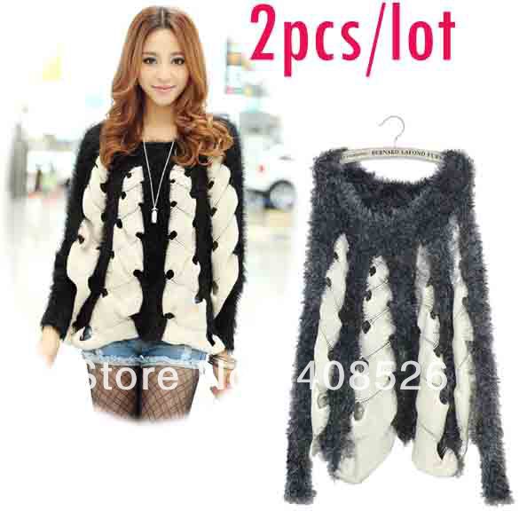 2pcs/lot 2013 Korea Fashion Women's Hollow out Long Sleeve Loose Batwing Sweaters Top Black, Gray Free shipping 7943