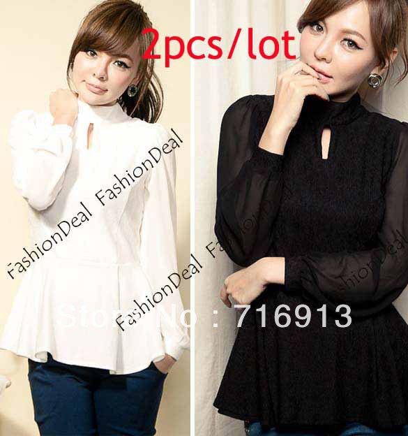2pcs/lot 2013 New Fashin Elegant Women Stand-collar Long Sleeve Tops Chiffon Shirts Blouse 2 Colors Free Shipping 11064