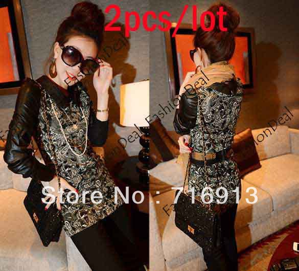 2pcs/lot 2013 New Fashion Women's Lapel Slim Splicing Long Sleeve Printing Leather Dress Free Shipping 10224