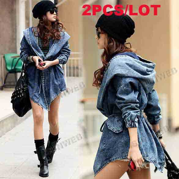 2Pcs/lot 2013 Women's Denim Trench Coat Hoodie Hooded Outerwear Jeans Coat Blue free shipping 8629