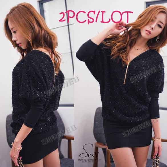 2pcs/lot Batwing Sleeve V Neck zipper Backless Knitting Dress Casual Clubwear Mini black free shipping 6102