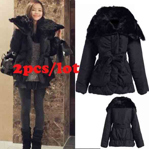 2pcs/lot Casual Women's Ladies Warm Outwear Fur Collar Cotton-Padded Winter Coats wadded jacket Black free shipping 9556