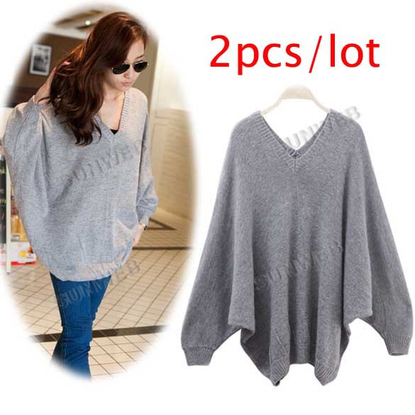 2pcs/lot drop shipping Fashion Women's V-Neck Batwing Sweater Loose Warm Sweaters Top Gray free shipping 6700