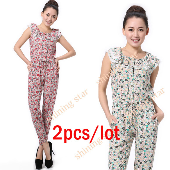2pcs/lot Fashion Elegant Women's Jumpsuit Button Flower Sleeveless Romper S M L hot sale S11228