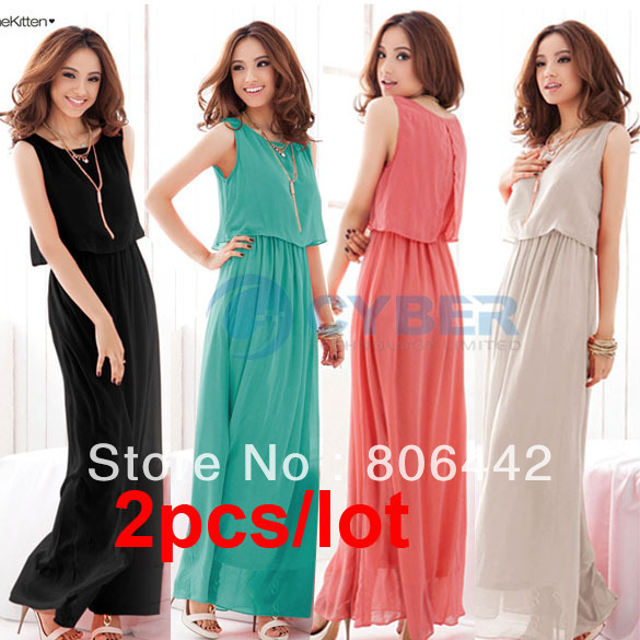 2Pcs/lot Fashion Women's Princess Bohenmia Style Pleated Wave Lace Strap Chiffon Maxi Long Dress Free Shipping