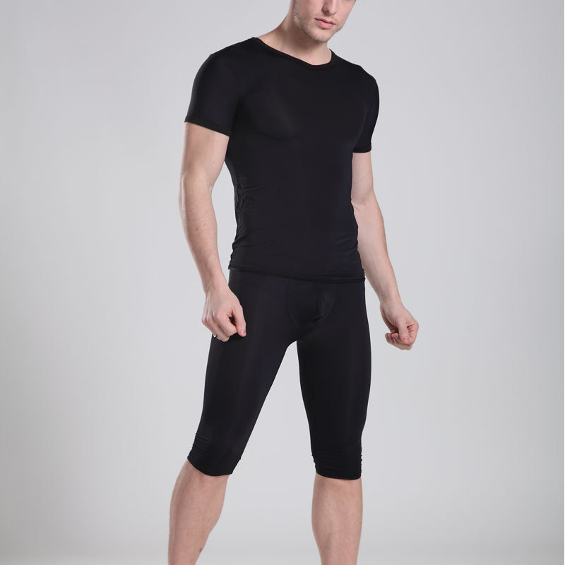 2pcs/lot Fashionable casual manview short-sleeve set low-waist sexy male tight lounge capris twinset