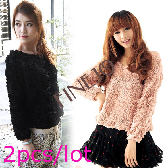 2pcs/lot Free shipping Fashion Lady 3D Lace Rose Flower Pullover+ Chiffon+ Loose T-shirts women's sweater 7408