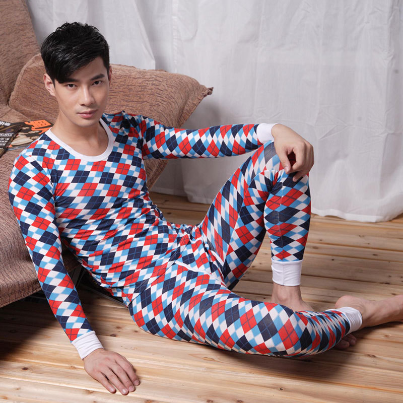 2pcs/lot  free shipping Gmw male tight long johns long johns print fashion thin derlook modal thermal underwear set