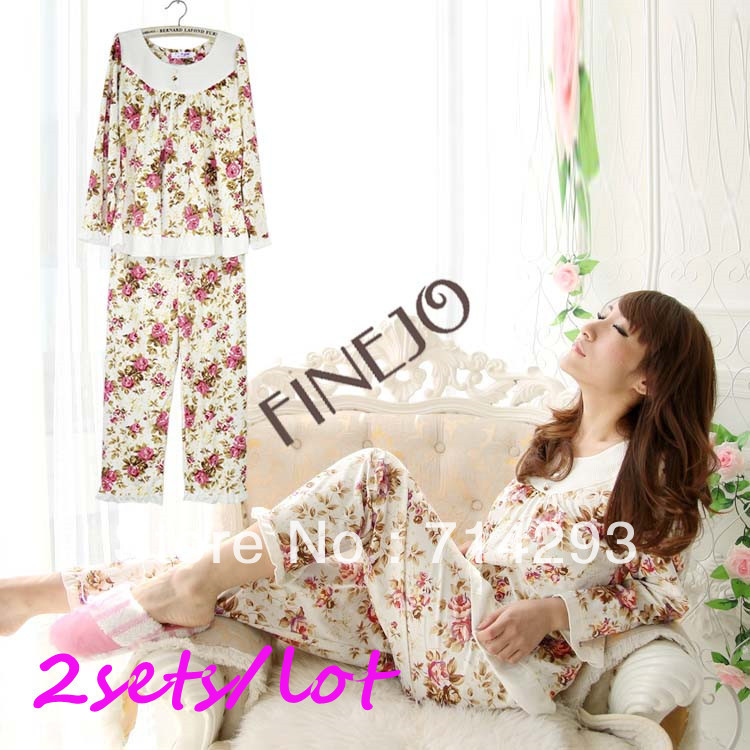 2pcs/lot Free shipping New Ladies Women's Cute Roses Long Sleeve Cotton Pajamas Sleepwear Home Wear 11171