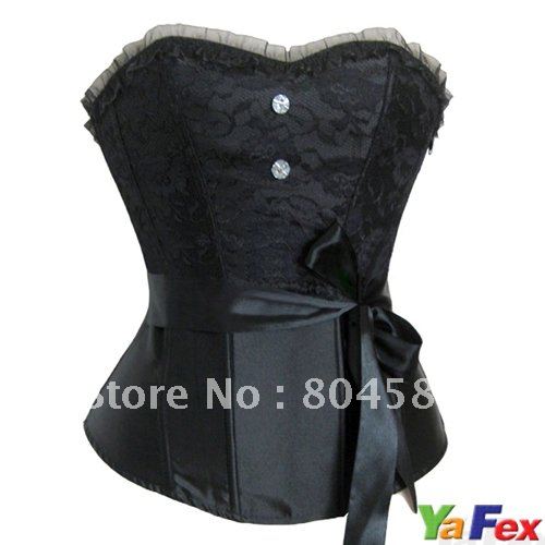 2pcs/lot! Free shipping!!New sexy Women's fashion Burlesque Corset Bustier Top G-string Black lace Satin ,CL2507