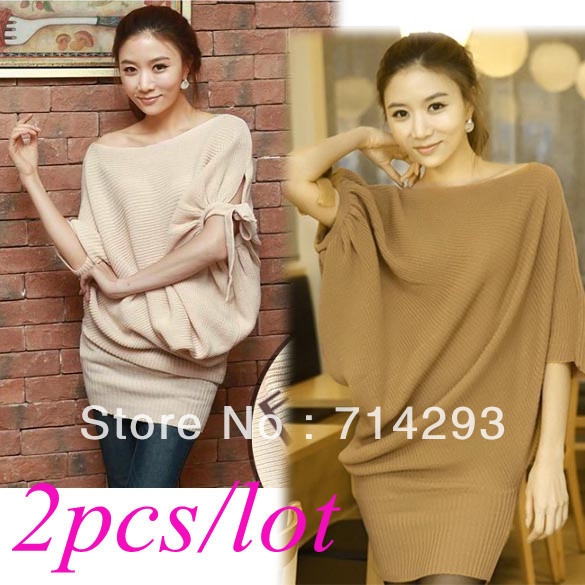 2PCS/LOT Free shipping Women's Boat Neck Irregular Batwing Sleeve Over Hip Knitted Sweater Dress 9407