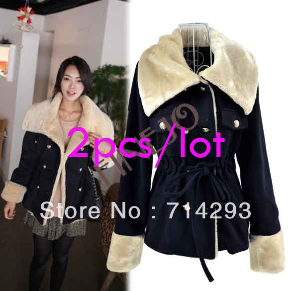 2PCS/LOT Free shipping Women's Winter Warm Waist Lace Up Double-breasted Jacket Thick Faux Fur Coat  9056
