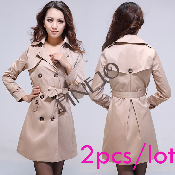 2pcs/lot HOT Women's Lady Retro Double-Breasted Long Slim Trench Coat Outwear  free shipping 9089