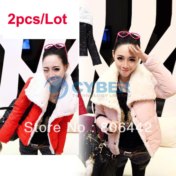 2pcs/Lot Korea Lady Women's Fashion Big Lapel Warmer Lammy Winter Coat Jacket Outwear Hot 3 Colors Free Shipping 7747