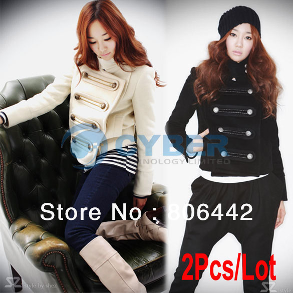 2Pcs/Lot Lady Women Short Jacket Long Sleeve Stand-up Collar Double Breasted Coat Outwear Free Shipping 9001