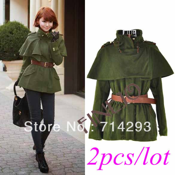 2pcs/lot New Women's Jacket Europe Style Poncho Stand Collar Long Sleeve Cloak Cape Coats With Belt free shipping 8784